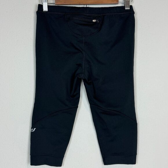 Saucony Black Grey Cropped Tights & Striped Tank Top Set M - Picture 2 of 13